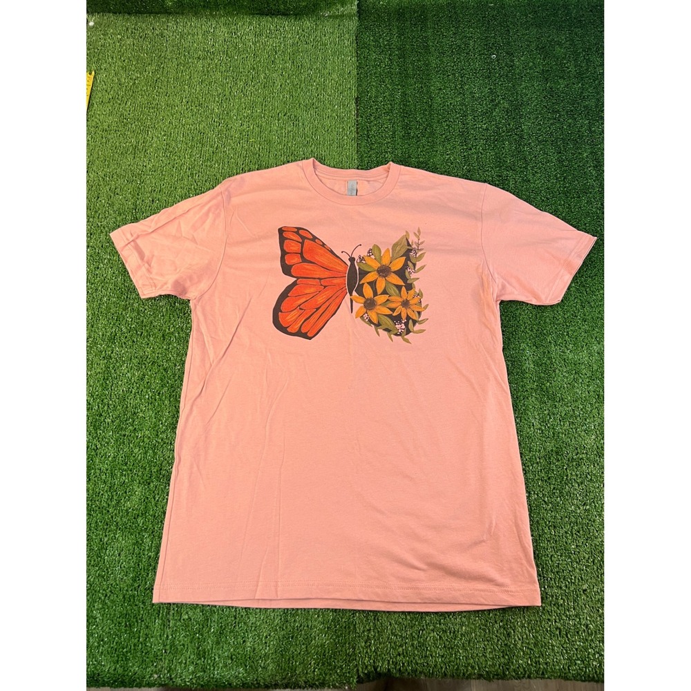 Next Level Apparel Peach Pink Butterfly Sunflower Graphic Tee Shirt Womens Large